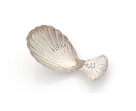A George III silver caddy spoon, with a fluted bowl and an engraved axe-head-shaped handle, initialled 'L', by Elizabeth Morl