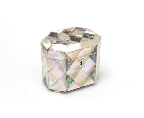 A Victorian mother-of-pearl and abalone shell tea caddy, rectangular with cut corners and nickel mounts, 9.7cms high.