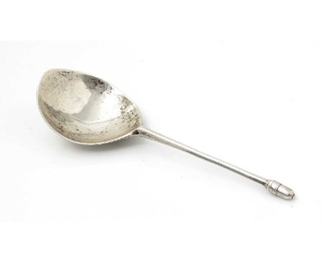 A rare medieval silver acorn knop spoon, with deeply carved, slightly pointed bowl and an elongated acorn finial, decorated a