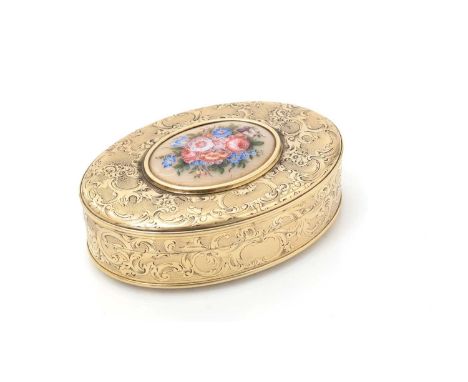A mid 19th Century Continental silver-gilt snuff box, of oval outline with engraved decoration all over, reserves of engine-t