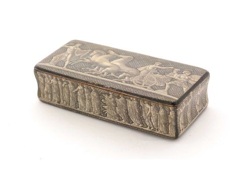 An early 19th Century Scottish Mauchline ware snuff box, rectangular and decorated en grisaille around the sides, cover and b