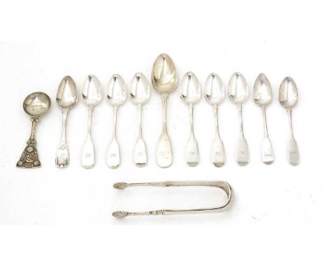 A Scottish Provincial silver fiddle pattern dessert spoon, initialled "M", by Andrew Davidson of Arbroath (AD, crown head x 2