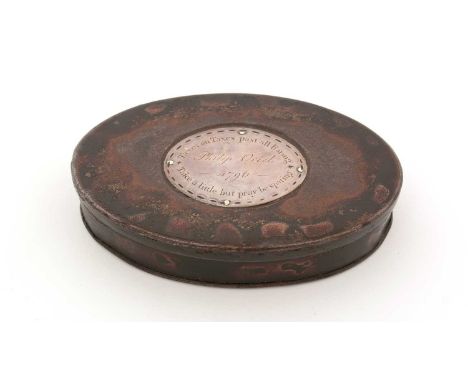 A George III silver-mounted tinplate snuff box, navette-shaped and painted to simulate tortoiseshell, the cartouche inscribed