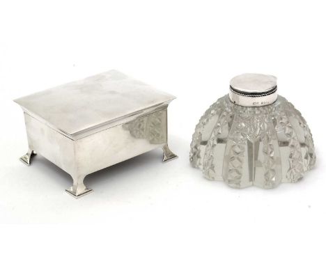 A late Victorian silver-mounted cut glass inkwell, by S. Mordan &amp; Co., Birmingham 1900; and a small silver cigarette box 