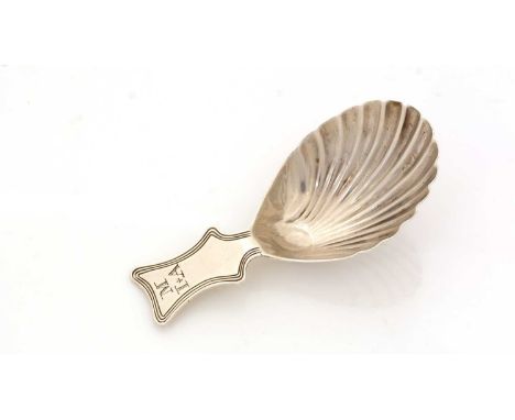 A George III silver caddy spoon, with a fluted bowl and waisted, lug handle and triple-thread border, scratched with the init