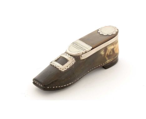 A 19th Century silver-mounted horn snuff box, in the form of a square-toed dress shoe with buckle and piqué-work around the s