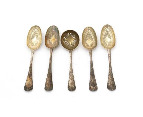Four George II silver tablespoons; and a silver sauce ladle, all later decorated for use as berry spoons and sifter ladle, gi