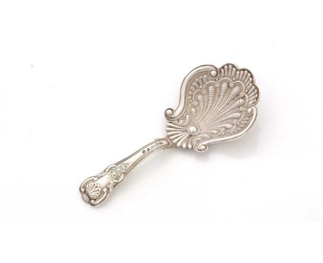 A George IV silver caddy spoon, with an hourglass stem and a decorative bowl resembling an anthemion motif, by Joseph Taylor,