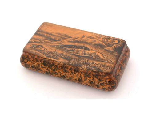 An early 19th Century Mauchline ware snuff box, rectangular with convex sides decorated with penwork flowers, the cover and b