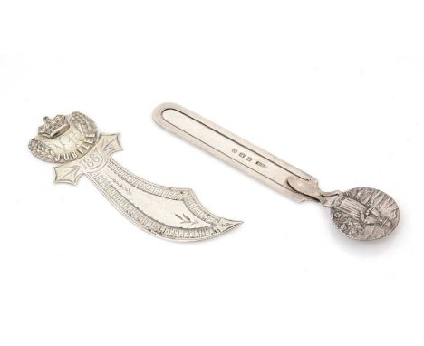 Two silver bookmarks: a late Victorian 1887 Jubilee commemorative example in the form of a scimitar, by Randle Bros., Birming