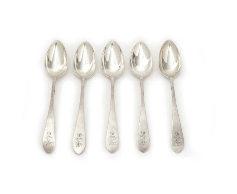 A set of five George III silver Scottish dessert spoons, with Celtic points, engraved on the front of the terminals with a cr
