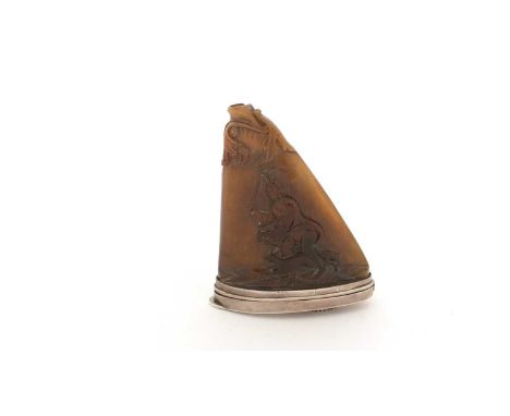 A mid 19th Century silver-mounted snuff box, fashioned from half of a cloven hoof (probably from a deer), carved with an erot