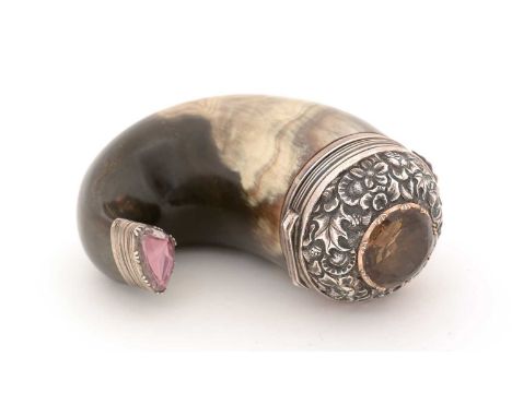 An early 19th Century Scottish silver and gold-mounted horn snuff mull, the chased domed cover set with a faceted smokey quar