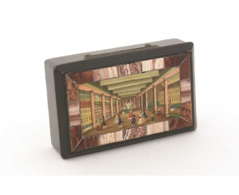 An early 19th Century Continental lacquered papier-maché snuff box, of plain rectangular form painted on the cover with figur