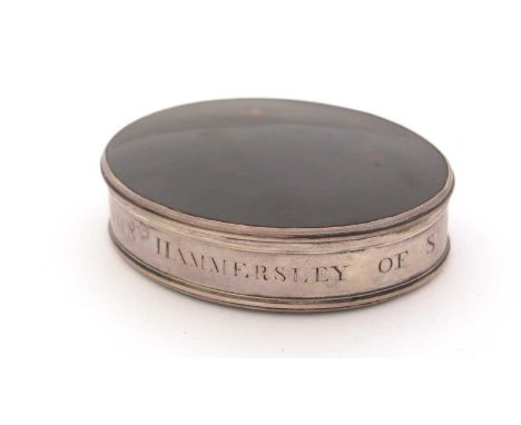 A George II silver-mounted tortoiseshell tobacco box, oval with a pull-off cover, inscribed around the sides "JOHN HAMMERSLEY