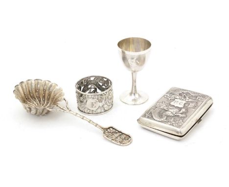 Chinese silver: a pierced napkin ring, with a dragon amongst the clouds, initialled "E", maker's mark "KLJ"; a cigarette case