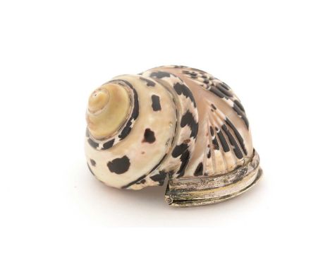A late 18th Century plated brass-mounted "magpie" shell (cittarium pica) snuff box, with an inset mother-of-pearl cover, unma