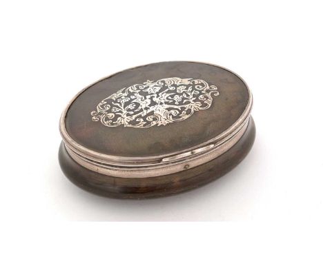 A George II silver-mounted tortoiseshell snuff box, oval with convex sides and an inlaid cover, unmarked, 1740-50, 7.5cms lon