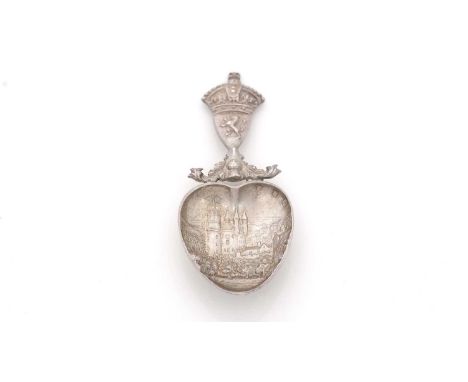 A late Victorian silver Scottish Provincial caddy spoon, cast with the arms of Scotland and royal crown finial with Balmoral 
