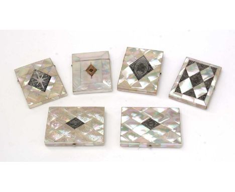 Five various early Victorian mother-of-pearl card cases, with engraved silver inlay; and another with an inlaid gold cartouch
