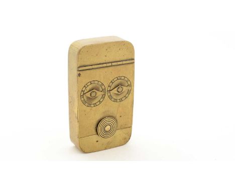 A 19th Century brass snuff box, of rounded oblong form with a twin dial, combination lock, 7.7cms long.