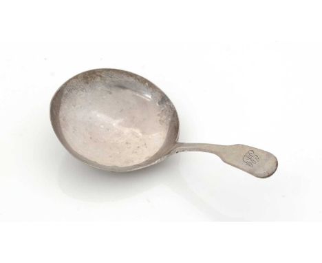 A William IV silver Provincial caddy spoon, shaped rather like a shallow frying pan, with fiddle stem, initialled, by William