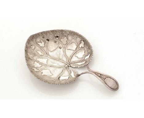 A George III silver caddy spoon, with a heart-shaped leaf design bowl and bifurcated stem with vacant oval cartouche, by Matt