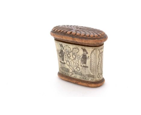 An 18th Century Continental snuff box, upright and tapering with a burr wood base and carved burr wood cover, the body a sect