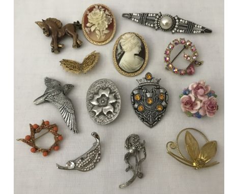 14 vintage brooches, some stone set. To include Miracle and pewter by A.R.Brown. 