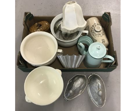 A collection of ceramic and metal ware to include a vintage Lambeth Doulton ceramic footwarmer. Together with a vintage butte