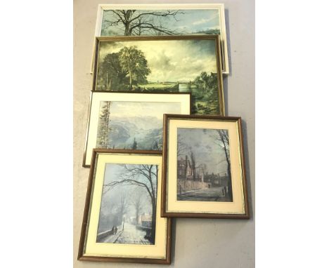 5 vintage framed prints to include a pair of framed and glazed moonlight scenes.  Largest frame size approx. 56cm x 89.5cm.