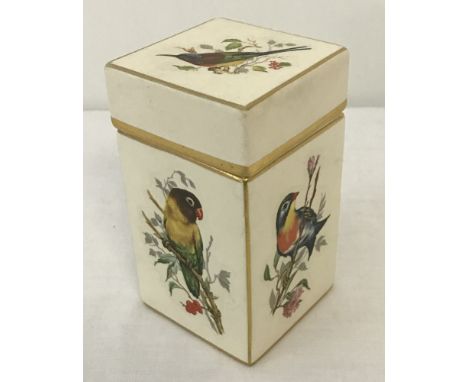 A vintage Carlton ware ceramic square shaped lidded pot with exotic birds to each side and lid. Edged with gold, approx. 11.5