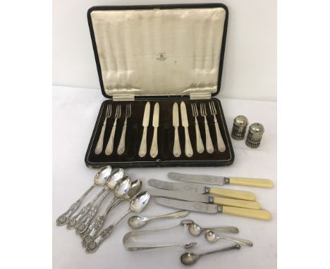 A collection of vintage silver plate items. To include a cased part set of Mappin &amp; Webb fruit knives and forks, decorati