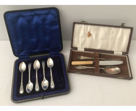 2 vintage cased cutlery sets, one to include silver. 5 silver plated teaspoons with Celtic design to handles. The other a 3 p