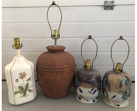 4 ceramic lamp bases to include a pair of studio pottery and a terracotta base complete with shade.  