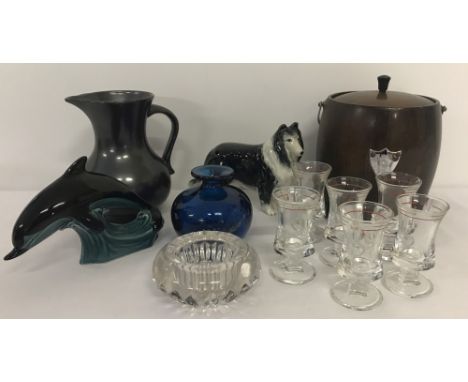 A box of mixed items, to include Poole dolphin. Together with vintage wooden ice barrel, ceramic Collie, Prinknash jug and vi