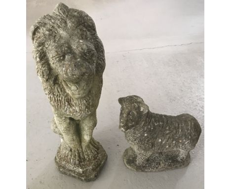 2 vintage concrete garden ornaments, a lion together with a sheep.  Lion approx. 56cm tall, sheep approx. 28cm tall.