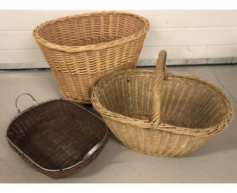 3 vintage baskets, 2 with carry handles and one log basket on wheels.  
