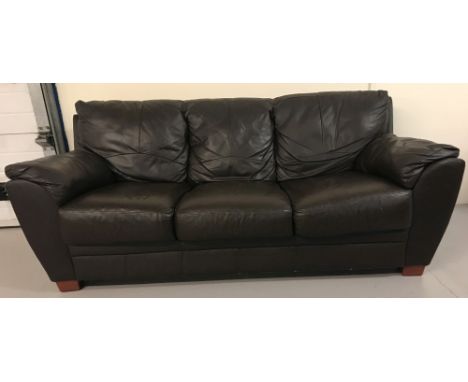 A modern 3 seater dark brown leather sofa on square wooden feet.  Approx. 188cm wide.