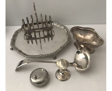 A small collection of vintage silver plate items. To include a 4 claw footed tray by Harrison Brothers &amp; Howson 1862-1897