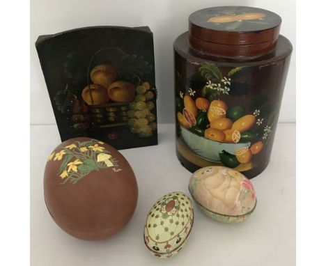 2 painted wooden items together with a small collection of eggs. Large wooden lidded barrel and key box both painted with fru