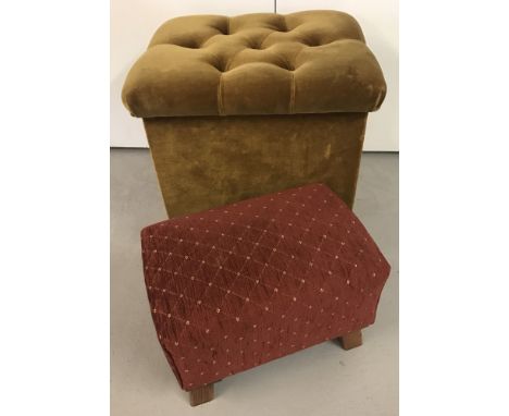 A vintage linen/storage box with gold velvet upholstery together with a modern footstool with dark wood feet. Largest item ap