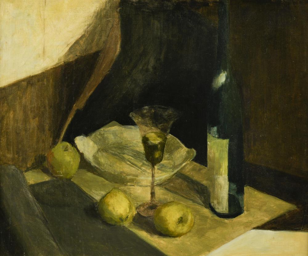 Edwards (British, 20th Century) Still life with apples, a glass and a
