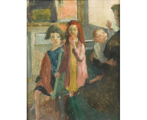 § Stella Marsden (British, b.1921) Children in the Trolley Bus oil on board 29 x 23cm (11 x 9in)  The painting has been subje