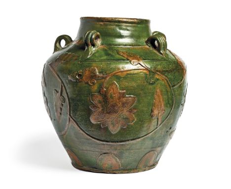 GIARA IN TERRACOTTA CON INVETRIATURA PIOMBIFERA IN VERDE E AMBRA - AN EARTHENWARE JAR WITH LEAD GLAZE IN GREEN AND AMBER  Cin