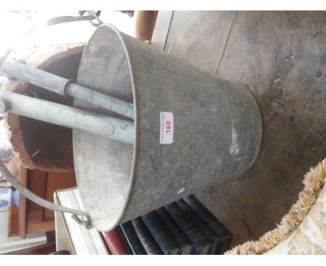 TWO VINTAGE BRASS GARDEN FERTILISER SPRAYERS, a galvanized bucket and a door knocker 