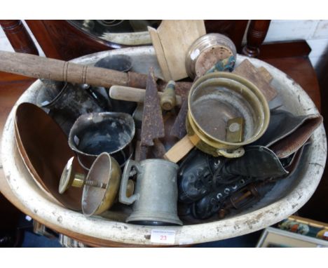 A PAIR OF VINTAGE ICE SKATES, tools, metalware and sundries 