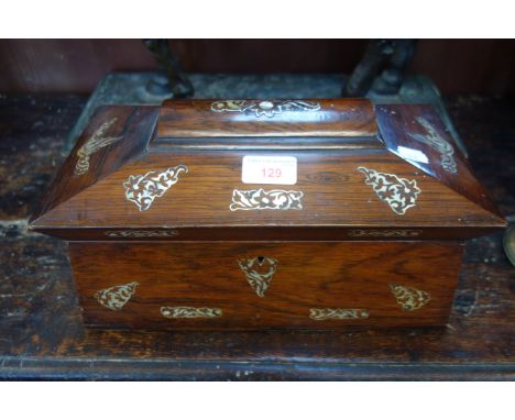 A 19TH CENTURY ROSEWOOD AND MOTHER OF PEARL INLAID TEA CADDY of sarcophagus form, 34cm wide  