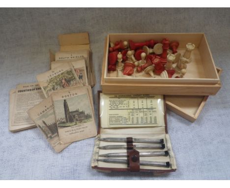 A COLLECTION OF BONE CHESS PIECES, a set of Victorian playing cards, 'The Counties of England' and set of white metal bridge 