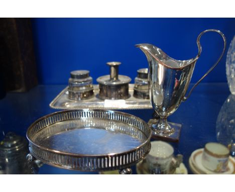 A 19TH CENTURY SILVER PLATED INK STAND, a plated jug and similar tray (3) 